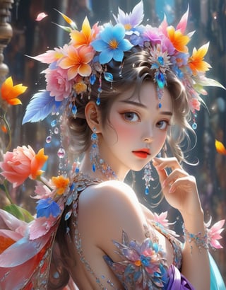 A portrait of a girl in attire and adorned with crystals and flowers, dynamic pose,  anime aesthetic,  realistic color schemes,  uhd image,  colorful caricature, ,beautymix,cutegirlmix