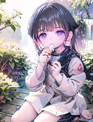 (masterpiece), best quality, 1 girl, nice hands, Hinata, Naruto,cuteloli, Hinata hyuga in action, village leaf ninja, ninja surrican, eating ice cream, cokeBust 