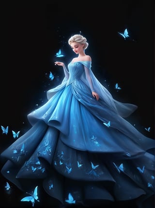 a woman in a blue dress surrounded by butterflies, elsa frozen, disney art, fairytale artwork, magical dress, beautiful adult fairy, stunning 3d render of a fairy, beautiful fairy, magical fairy background, by Nele Zirnite, beautiful avatar pictures, elsa from frozen, beautiful render of a fairytale, portrait of elsa of arendelle, very beautiful fantasy art, cinderella