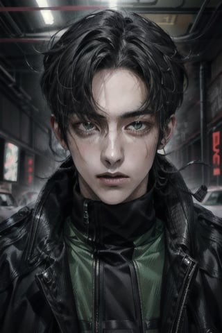 1boy, single, sole_male, post-cyberpunk, black_hair, short hair, green_eyes, green clothes, black trenchcoat, black combat boots, prosthetic_eye, scar on left eye, full body portrait, fully body shot, fierce, detailed, detailed_face, detailed_eyes, high resolution, bold, korean Manhwa art style, Detailedface,boy