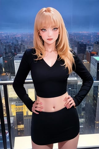 ujifilm XT3, 8k,close up photo, masterpiece, best quality, (((1girl))), solo,realistic, ((looking at viewer)), photorealistic, (extremely detailed face), looking at viewer, ultra-detailed eyes and pupils, ultra detailed, serious expression, ((standing against a city skyline at night)), cropped top,shirts, Suit skirt, ((navel)), hands on hip,  