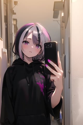 (((masterpiece))),(((4K))),(((girl))),(extremely detailed CG, ultra-detailed, best shadow), (scenery: 1.1), (short hair), (((half pink and white hair))),cute,kotonoha,Niji Kei,hoodie