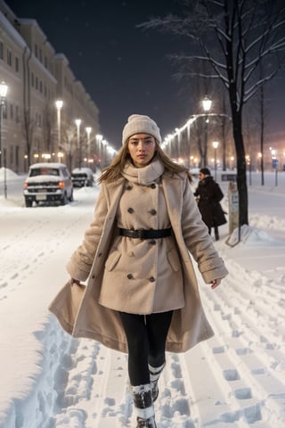 "((top-notch quality)), ((masterpiece)), ((true to life)), Render a stunning portrait of a Russian girl walking, gracefully on a snow-covered Moscow street, illuminated by the soft glow of nearby street lamps, capturing the essence of their culture and beauty at eye level, picturesque, masterpiece."