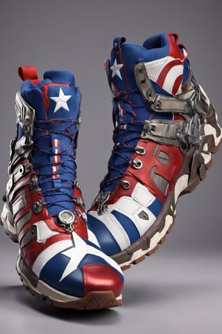 futuristic crypto captain america shoes , Hiking shoes inspire by captain america design, Salomon brand, high_resolution, high detail, realistic, realism,cyborg style,Colourful cat ,steampunk style