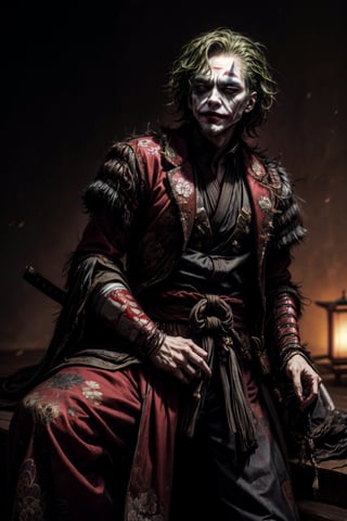 Realistic, (masterpiece1.2), (Ultra HDR quality),  the joker with japanese samurai suit, sengoku era, katanas, perfect samurai suit, full body shot