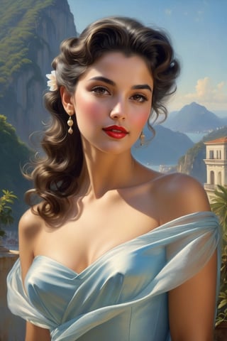 Rio de janeiro in the background, Hollywood actress in the 1950s [carioca | portuguese], (delicate sfumato, soft color transitions:2), model pose, 'red to 'light blue' color gradient', Bouguereau style Painting, (intricate chiaroscuro, layered oil techniques, detailed drapery, masterful brushwork, lifelike textures, 1950s themes, dramatic light sources, deep shadow), (ethereal, harmonious composition, landscapes, anatomical precision, delicate hand gestures, timeless beauty, humanistic expressions, emotion-evoking poses, intricate backgrounds, symbolic elements)