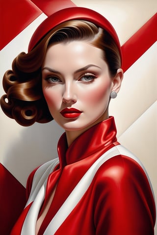 beautiful woman in red and white, style by Catherine Abel, warm tonal range, polished surfaces, bold lines, dynamic colors, intense close-ups, wrapped, porcelain,
