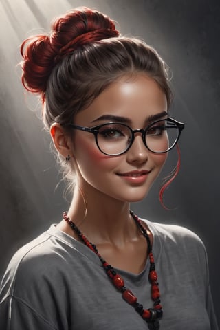 art painting, girl, messy bun hair, glasses, tribal jewelry, light smile, Shadow play, mist, moody, mysterious, glossy hair, earthy, vivid,  cinematic, Film light, Hyper detailed, Hyper realistic, masterpiece, atmospheric, High resolution, Vibrant, High contrast, art by Koos Roos, 8k, HDR, 500px,greg rutkowski,3D, (red and grey and black:2), porcellana style