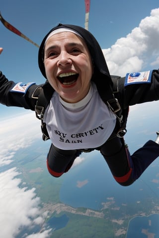 catholic nun 60 year old screaming, smiling, white teeth, ((sky diving)), (catholic nun clothing)