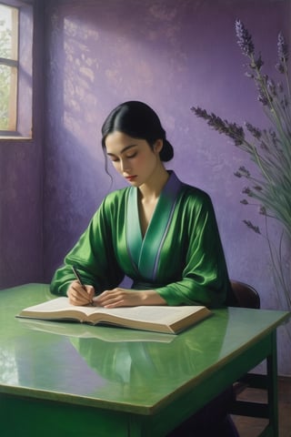 (style of Zdzisław Beksiński:1.2),  ...  ['Rinko Kikuchi' | 'Gal Gadot'] as a female 'teacher' In Her 'classroom'. 'Patient' facial expression. By the 'chalkboard and desks'. ('Soft lavender' to 'deep green' colour Radiance:2) ... ('polished surfaces',  'intense shine surfaces',  'porcelain textures':2.5),  ('shadows to bright gradient':2). (chiaroscuro,  deep shadows),  (ethereal,  harmonious composition,  landscapes,  intricate backgrounds),  (emotion-evoking poses)
