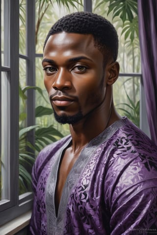 ('head,  shoulders,  chest') painting of a nigerian man by the window,  (('tropical rainforest')),  'Satin weave',  (purple and grey and black),  Porcellana style 
