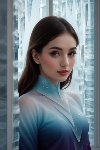 'close up' person, (detailed eyes), ('gradient clothes':1.25), 'by the window', ('ice textures':1.25),
