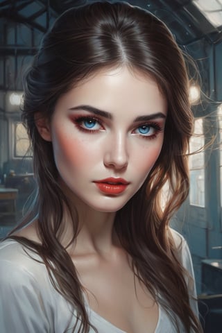 Red holes. Cyan glass. (detailed eyes, eyeliner),(harmonious composition), (style of Charlie Bowater:2), brunette girl, wearing Skinny pants and Top. Inside a porcelain factory . 'porcelain in the background', ('sunlight beaming' through 'holes in the roof':1.75). (colour gradient:1.5),('Red' colour' to 'white':1.5) ... ('polished surfaces',  'porcelain textures':4.25),  (silhouette, deep shadows, 'shadows to bright':2). (intricate backgrounds),  (emotion-evoking poses)