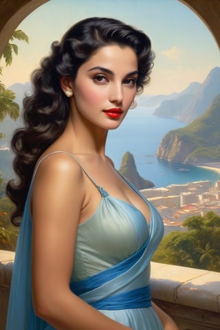 Rio de janeiro in the background, Hollywood actress in the 1950s [carioca | portuguese], (delicate sfumato, soft color transitions:2), model pose, 'red to 'light blue' color gradient', Bouguereau style Painting, (intricate chiaroscuro, layered oil techniques, detailed drapery, masterful brushwork, lifelike textures, 1950s themes, dramatic light sources, deep shadow), (ethereal, harmonious composition, landscapes, anatomical precision, delicate hand gestures, timeless beauty, humanistic expressions, emotion-evoking poses, intricate backgrounds, symbolic elements)