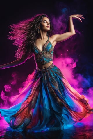 Imagine a beautiful woman Caucasus in a dancers pose wearing an intricate bejeweled sort flowy dress, hyperdetailed human face, neon smoke in water background, neon glow elements, wide_hips, long flowy hair 