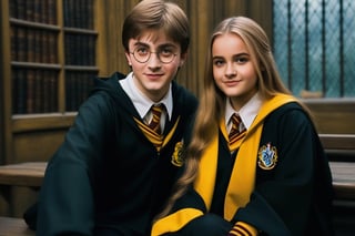 1girl, 1boy, attractive female Hufflepuff student, wearing the traditional Hufflepuff uniform from the Harry Potter movies. The student should have warm, honey-blonde hair, soft brown eyes, and a kind and loyal expression. She should be wearing a fitted yellow and black robe with a crest on the chest, a white shirt underneath with a yellow and black tie, and a ultrashort black miniskirt. She is sitting in a Chesterfield seat with her legs crossed, unintentionally giving us a sexy pose showing her beautiful thigh. The uniform should be complemented with a pair of black knee-high socks and black shoes. A 15 year old (((Harry Potter:1.4))) is standing next to her, and Harry is staring at her thigh, and he is clearly impressed. The background of the image should be the Hufflepuff common room, with a warm and welcoming atmosphere, adorned with plants and sunlight,Elegant,Beauty,Elegant 