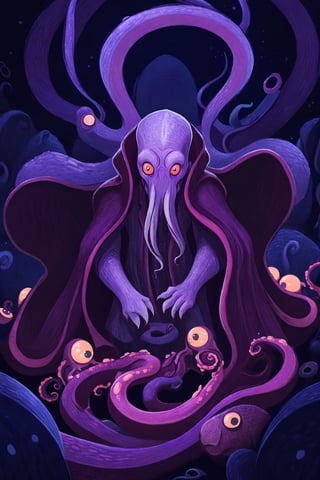 a Mind Flayer staring at you in a dark night,dangerous,hunting,about to be transfer,purple tentacles,tentacle mouth,many tentacles