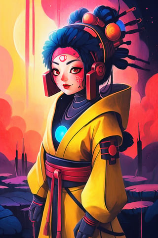 lethal geisha cyborg assassin wearing hooded kimono & armor, danger, red-yellow sky, post apocalyptic art, neon horror, sci-fi, glitchcore, cgsociety, modern european ink painting, androgynous, mixed media, dystopian art, black and Neon cosmic art, analog horror, nightmarefuel, space punk, glitchcore, hauntingly beautiful, beautifully ominous. A world class female cyborg in stunning HD, world class art, unique, modern masterpiece, exceptional, exquisite, dark fantasy, apocalypse art, calotype
