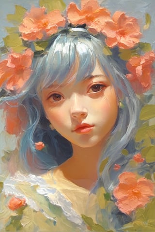 (Animation style:1.5),(1girl:1.3),solo,loli,long_hair,artistic oil painting stick,rough,(uneven),(embossment:1.2),light_blue_hair,portrait,(flower:0.3)