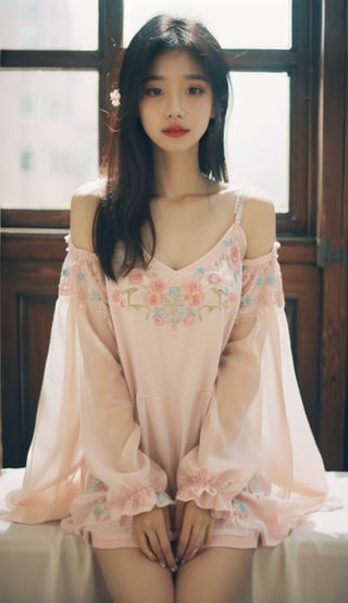 , 1girl, Floral motifs, luminous skin, enchanting gaze, embellished attire, natural lighting, shallow depth of field, romantic setting, dreamy pastel palette, whimsical details, captured on film