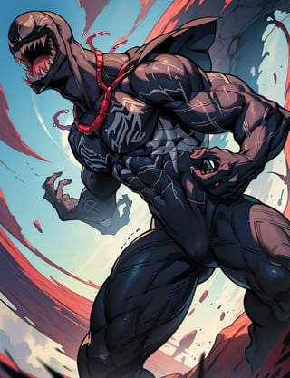 《the original god》Arataki Kazuto , male people, chest muscle, Sexy , Venom symbiote for your body, Black mucus of the body , into venom_male, venomize,Black bodysuit,（Cloak）,Red cape,Abs,（Adult male）（（Venom possession,venom symbiote））,over-Tortoise Man,Battle damage,((Masterpiece)), ((Best quality)), Ultra detailed,((illustration)), Dynamic Angle, Detailed light, (Delicate eyes), Floating, 1boy, Male focus, Head, Clothing, Yellow eyes, necklace, tattoo, (Forehead:0.8), (ahoge:0.8), jewelry, brunette color hair,apathy,Ray, chest muscle, Sexy , Venom symbiote for your body, Black mucus of the body , （into venom）, Venom,frontage,Bust photo,White tight-fitting top,spiderman outfit,style of anime4 K, 4K anime wallpaper, Badass anime 8 K, 4 k comic wallpaper, young anime man, Anime boys, Anime wallpapers 4 k, Anime wallpaper 4K, High quality anime art style, Anime moe art style, Anime art wallpaper 8 K, Anime art wallpaper 4 K, RGB lighting,,venom,venom female