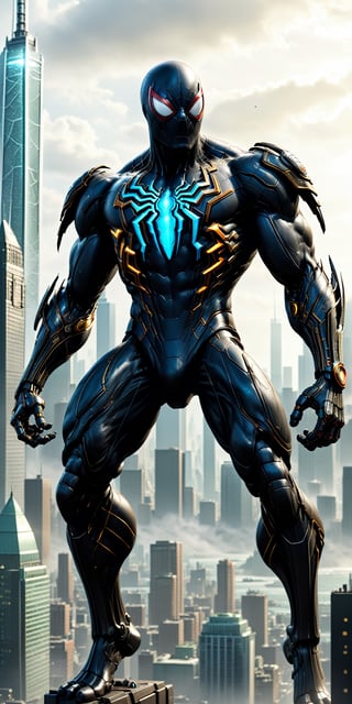 a hyper-realistic and highly detailed image of a Hi-Tech (black spider-man style) Jaeger in the style of the Pacific Rim movie franchise. This awe-inspiring Jaeger should have a radiant Hi-Tech appearance, with less emphasis on Hi-Tech tools and weapons, allowing its rough body structure to shine through. The Jaeger's glowing lights should emanate a mesmerizing aura.

Place this magnificent Hi-Tech Jaeger against a perfect city backdrop, capturing the essence of a colossal technological guardian standing tall against the urban skyline. The result should be a breathtaking image that immerses viewers in the world of giant robots and epic battles.",Movie Still