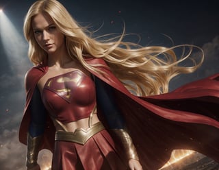 supergirl, hair blonde, skirt red, cape red, (Realistic),masterpiece,best quality,cinematic lighting,natural shadow,looking at viewer,Raw photo,8k,uhd,dslr,soft,lighting,high quality,film
grain,hyperrealismus,hyperrealistic,Atmospheric,Realistic Skin Texture,realistic hair details,ultra quality,best quality,Hyper Realism,
