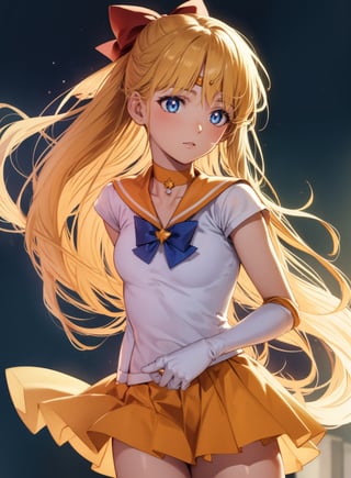 sailorvenus, ,sailor venus, blonde hair, blue eyes, bow, hair bow, half updo, long hair, red bow, tiara,
BREAK back bow, choker, elbow gloves, gloves, jewelry, magical girl, orange choker, orange sailor collar, orange skirt, sailor collar, sailor senshi uniform, school uniform, serafuku, skirt, white gloves,
BREAK outdoors, night, sky, star \(sky\), moon,
BREAK looking at viewer, (cowboy shot:1.5),
BREAK, (masterpiece:1.2), best quality, high resolution, unity 8k wallpaper, (illustration:0.8), (beautiful detailed eyes:1.6), extremely detailed face, perfect lighting, extremely detailed CG, (perfect hands, perfect anatomy),
