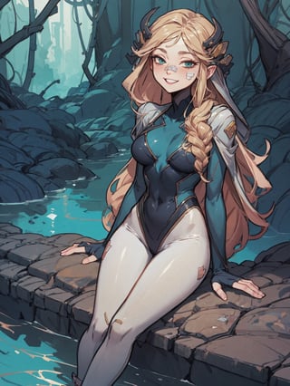 rapunzel, green eyes, long blonde hair,
blue leotard, white pants, sweatpants, bandaid on face, blue fingerless gloves, barefoot, looking at viewer, smiling, teeth, sitting, on rock, outside, forest, river, blue sky, high quality, masterpiece, lora:maylene_outfit-06:.8,  lora:rapunzel:.7
