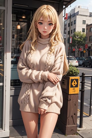 masterpiece, best quality,1girl,  ,long hair,  blonde hair,oversized sweater,