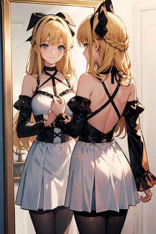 lora:pose mirror:0.9, mirror,, ultra detailed, masterpiece, best quality, solo, soft smile, light smile,
1girl, blue eyes, very long hair, blonde hair, long blonde hair, french braid, bangs, medium breasts,
hair ribbon, frilled choker, criss-cross halter, sleeveless dress, high-waist skirt, backless dress, waist bow, detached sleeves, frilled sleeves, wide sleeves, pantyhose, patterned legwear, mary janes,
,mirror