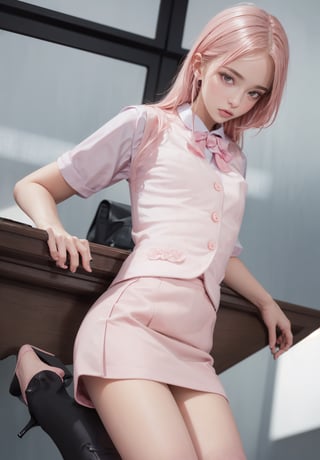 ((masterpiece)), (best quality), official art, extremely detailed CG, unity 8k wallpaper, ultra detailed, highly detailed, detailed background, vivid color, photorealistic, perfect lighting, best illumination,1girl, small breasts, pink hair, long hair, pink eyes,sexy office, lady, office uniform, office vest, micro skirt, (pastel pink uniform:1.5),  high heels,forest, stream, lora:office uniform:0.7