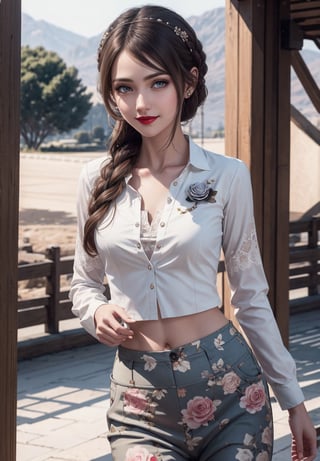 (masterpiece, high quality, best quality:1.3),
alexnadia, woman, long hair, dark brown eyes, dark brown hair, lipstick, cowboy shot
edgCosette, looking at viewer, smile, midriff, shadow, floral print, wearing edgPalazzo_pants, stylish print,
extremely detailed, extremely intricate, fine texture, Extremely high-resolution details, detailed hair, sharp focus
(Epic scenery:1.05), (beautiful scenery:1.05), (detailed scenery:1.05), (intricate scenery:1.05), (wonderful scenery:1.05),
lora:edgRosaCosettedElise:0.9
,edgCosette