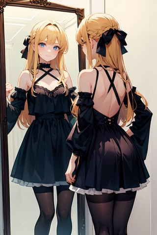 lora:pose mirror:0.9, mirror,, ultra detailed, masterpiece, best quality, solo, soft smile, light smile,
1girl, blue eyes, very long hair, blonde hair, long blonde hair, french braid, bangs, medium breasts,
hair ribbon, frilled choker, criss-cross halter, sleeveless dress, high-waist skirt, backless dress, waist bow, detached sleeves, frilled sleeves, wide sleeves, pantyhose, patterned legwear, mary janes,
,mirror