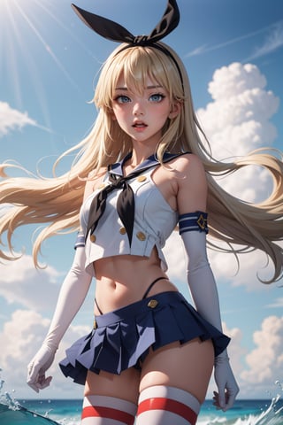 masterpiece, best quality, highres, skancolle, grey eyes, hairband, blonde hair, serafuku, neckerchief, crop top, gloves, elbow gloves, white gloves, navel, blue skirt, thighhighs, striped, striped thighhighs, ocean, clouds, :o, cowboy shot, blonde h