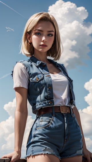 (masterpiece, best quality), android18, earrings, denim, belt, lora:android_18:1, outdoor, day, cloud, cloud day, sky, blue sky,