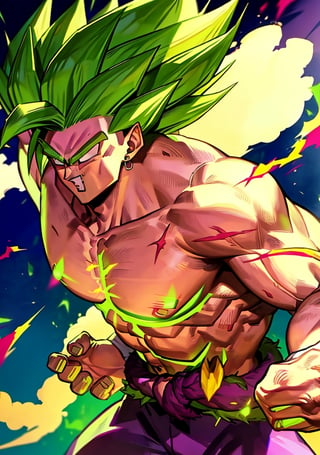 broly, legendary super saiyan, green hair, spiky hair, white eyes, muscular, tall, face scar, left arm scar, bicep scar, green fur pelt draped around the waist, black bracelets, tight purple pants
