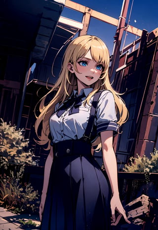 (masterpiece, best quality),  a cute and cheerful woman,l with long, blonde hair and blue eyes, wearing a school uniform, outdoors, scenery, dutch angle, extremely detailed. 