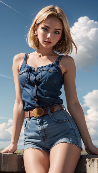 (masterpiece, best quality), android18, earrings, denim, belt, lora:android_18:1, outdoor, day, cloud, cloud day, sky, blue sky,