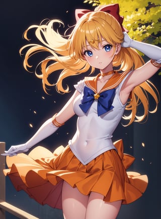 sailorvenus, ,sailor venus, blonde hair, blue eyes, bow, hair bow, half updo, long hair, red bow, tiara,
BREAK back bow, choker, elbow gloves, gloves, jewelry, magical girl, orange choker, orange sailor collar, orange skirt, sailor collar, sailor senshi uniform, school uniform, serafuku, skirt, white gloves,
BREAK outdoors, night, sky, star \(sky\), moon,
BREAK looking at viewer, (cowboy shot:1.5),
BREAK, (masterpiece:1.2), best quality, high resolution, unity 8k wallpaper, (illustration:0.8), (beautiful detailed eyes:1.6), extremely detailed face, perfect lighting, extremely detailed CG, (perfect hands, perfect anatomy),
