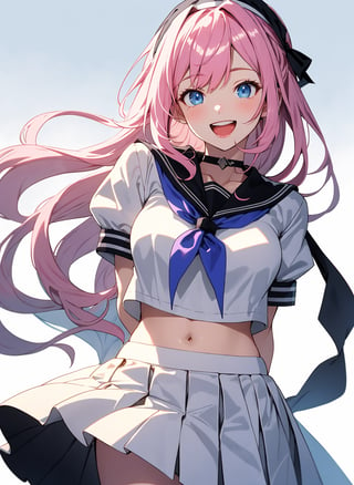 1girl,smile,honkai impact 3rd,hoyun,white serafuku,white shirt,stomach,elysia (honkai impact),skirt,white skirt,detailed forest background,purple neckerchief,arms behind back,highres,midriff,1girl, d,cowboy shot,looking at viewer,honkai (series),solo,white hairband,neckerchief,puffy sleeves,shirt,white background,miniskirt,short sleeves,crop top,puffy short sleeves,pleated skirt,navel,commentary request,long hair,very long hair,hairband,school uniform,serafuku,standing,open mouth,blue eyes,pink hair,