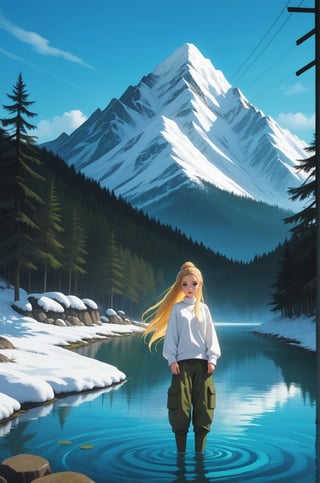 2D anime style, anime screencap, studio ghibli inspired,   a young woman with long blonde hair, wearing a white sweater and green cargo pants, standing on the edge of a mountain lake with a confident pose. She looks out over the water, with the majestic snow-capped mountains and dense forest reflecting in the lake. The sunlight casts a warm glow on her face, enhancing the vibrant colors of the natural scenery. High detail and complexity, vibrant colors, dynamic lighting, immersive atmosphere