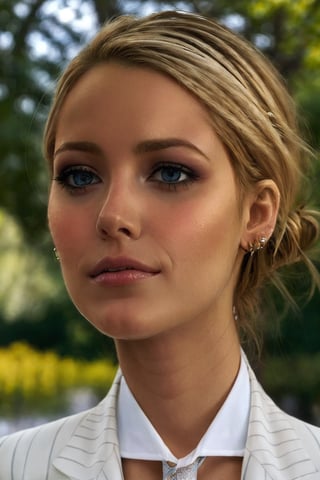 1girl, masterpiece, best quality, (photorealistic:1.4), a photo of a beautiful woman, skinny, blonde, wasteland, detailed face, a woman in a suit and tie standing in a park
