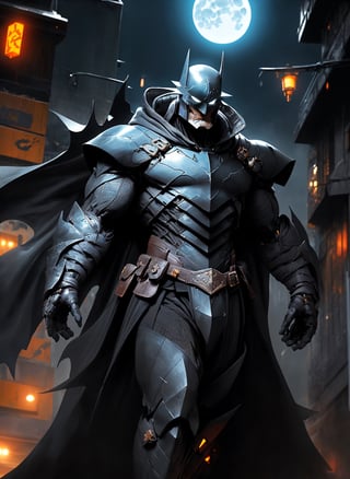 1boy,armor, crown, black cape, in dynamic pose,dynamic angle, shoulder armor, upper armor, helmet, headgear, mechanical jawcityscape, strong rim light, absurdres, 1boy, (at night:1.4), dark alley, moon, BREAK grey (android (batmanwholaughs:0.8)) in (matte black hardsuit:1.2), military, roughed up, mechanical arms, city fog, (glowing white eyes)  lora:nijiarmor_v2:0.9, lora:BatmanWhoLaughs:0.5