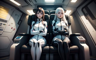 a photo of pair of (cute slender beautiful european young:1.0) girls sitting in a seat (chair) and piloting the spaceship, white long hair, wearing plugsuit, panoramic view on night space city, (symmetry), serious expressionless look, arms on armrest, red yellow, science fiction, film grain, (highly detailed:1.1), rfktr_technotrex, lora:rfktrsTechnotrexV10_rfktrsTechnotrexV10:0.1, lora:futuristic_interior_composer:0.2, lora:futuristic_interior_refiner:0.2, lyco:Robotaction:0.2, sharp focus, best quality, masterpiece, photorealistic
,futuristic_interior ,rfktr_technotrex