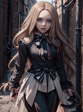 ,(looking at viewer),(cowboy shot dynamic pose:1.22),M3GEN/(Robot Girl/), 1girl, solo, long hair, blonde hair, realistic, blurry, blue eyes, bow, photo inset, full body, bowtie, parted lips, ribbon, lips,detailed shiny skin,perfect and very white teeth,finely detailed beautiful eyes,Ultra-fine facial detail,eyelashes,Glossy pink lips,(detailed The dark and terrifying alleys background:1.4),in the room, (day:1.33),depth of field,intricate,elegant,highly detailed,digital photography,masterpiece, black clothes