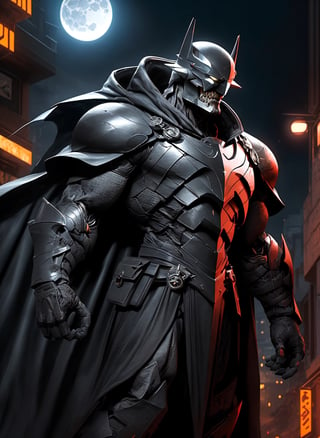 1boy,armor, crown, black cape, in dynamic pose,dynamic angle, shoulder armor, upper armor, helmet, headgear, mechanical jawcityscape, strong rim light, absurdres, 1boy, (at night:1.4), dark alley, moon, BREAK grey (android (batmanwholaughs:0.8)) in (matte black hardsuit:1.2), military, roughed up, mechanical arms, city fog, (glowing white eyes)  lora:nijiarmor_v2:0.9, lora:BatmanWhoLaughs:0.5