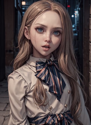 ,(looking at viewer),(cowboy shot dynamic pose:1.22),M3GEN/(Robot Girl/), 1girl, solo, long hair, blonde hair, realistic, blurry, blue eyes, bow, photo inset, full body, bowtie, parted lips, ribbon, lips,detailed shiny skin,perfect and very white teeth,finely detailed beautiful eyes,Ultra-fine facial detail,eyelashes,Glossy pink lips,(detailed The dark and terrifying alleys background:1.4),in the room, (day:1.33),depth of field,intricate,elegant,highly detailed,digital photography,masterpiece, black clothes