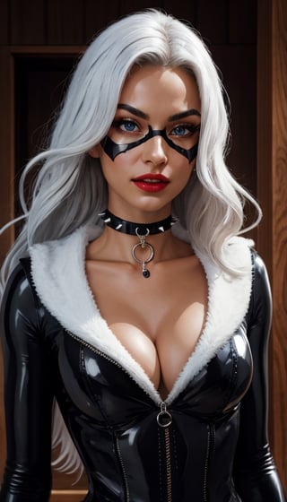 masterpiece, best quality,upper body, solo, absurdres,scenery,  , felicia_blackcat_aiwaifu,long hair,mask,white hair,bodysuit,domino mask,gloves,choker,lipstick,blue eyes,makeup,white gloves,collar,lips,superhero,black bodysuit,fur trim,cleavage,large breasts,collarbone,skin tight,zipper,spiked collar,unzipped,red lips,jewelry,black choker,claws,latex,shiny,center opening,very long hair,            ultra specular detailed, amazing artwork,intricate details,light,attractive, intricate detailed blurry_background,(well defined perfect hands, high detailed skin,detailed face:0.3), (scenery, golden_ratio,highres, incredibly_absurdres:0.2),(scenery,sidelighting,masterpiece:0.5),felicia_blackcat_aiwaifu