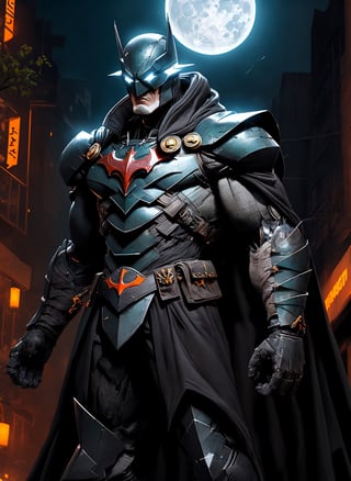 1boy,armor, crown, black cape, in dynamic pose,dynamic angle, shoulder armor, upper armor, helmet, headgear, mechanical jawcityscape, strong rim light, absurdres, 1boy, (at night:1.4), dark alley, moon, BREAK grey (android (batmanwholaughs:0.8)) in (matte black hardsuit:1.2), military, roughed up, mechanical arms, city fog, (glowing white eyes)  lora:nijiarmor_v2:0.9, lora:BatmanWhoLaughs:0.5